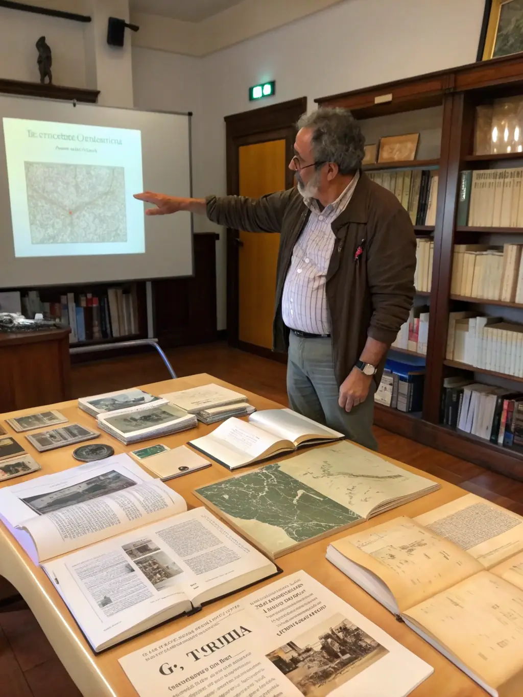 A photograph of a local historian giving a lecture at the Gardanne Autrefois museum, with an attentive audience of community members.