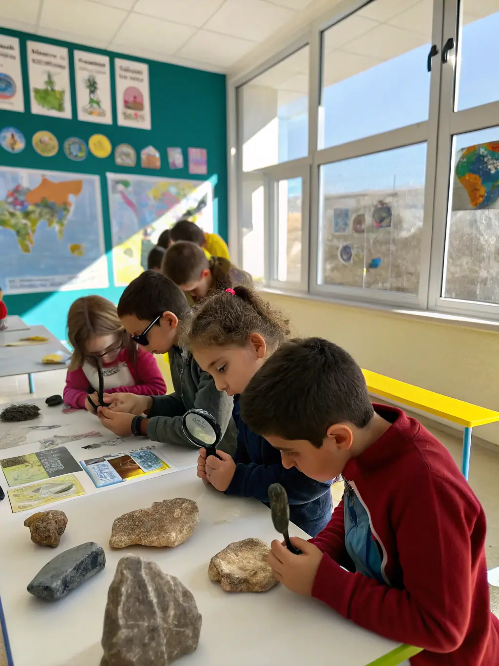 A group of children participating in an interactive history workshop at the Gardanne Autrefois museum, surrounded by historical artifacts and engaging learning materials.